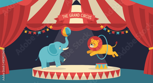 Circus Animals Performing Elephant with Ball and Lion Jumping Through Hoop.