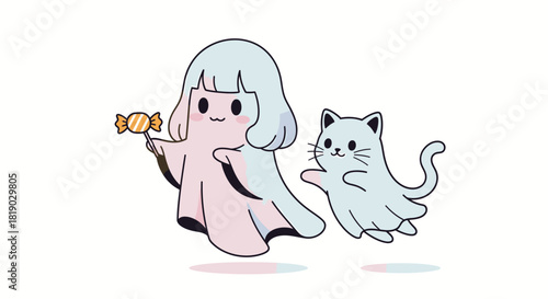Charming Ghost Girl and Cat Ghost with Candy Illustration.