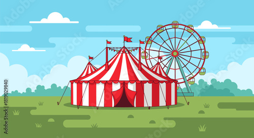 Vibrant Circus Tent and Ferris Wheel Illustration.