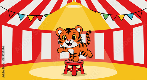 Circus Tiger Cub Performing on Stool Under Spotlight.