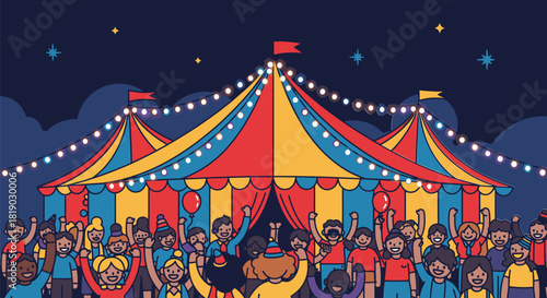 Vibrant Circus Tent with Cheering Crowd Under Starry Night.