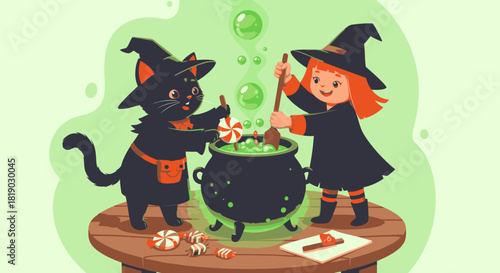 Witch and Cat Brewing Potion for Halloween Celebration.
