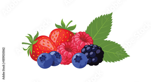 A colorful assortment of fresh, juicy berries including strawberries, raspberries, blueberries, and blackberries with green leaves.