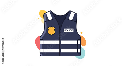 A colorful cartoon illustration depicting a dark blue police uniform vest with reflective stripes, a yellow shield badge, and \.