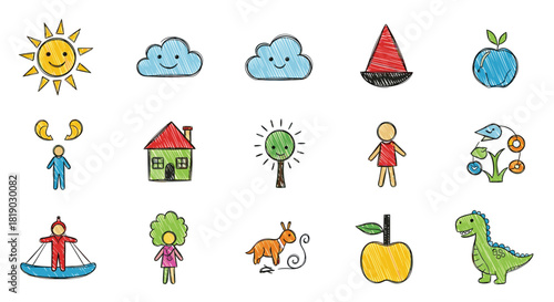 Colorful, childlike scribble art illustrations featuring nature, people, animals, and objects on a white background.