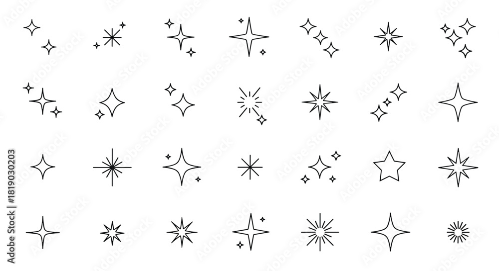 Naklejka premium A diverse collection of outline star and sparkle icons, illustrating various styles of glitter and light effects.