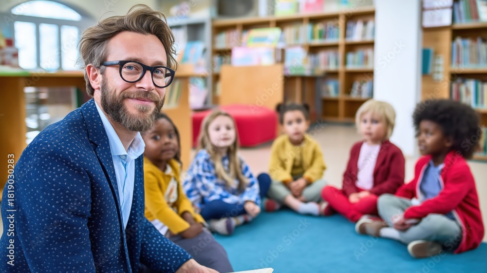 Fototapeta premium A man teaches a group of young children in a library, engaging them with a book in hand