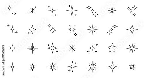 A diverse collection of outline star and sparkle icons, illustrating various styles of glitter and light effects.