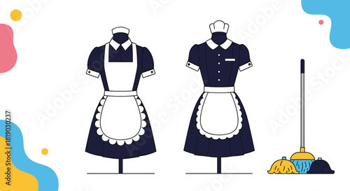 Illustration of two detailed traditional maid costumes on mannequins, complete with aprons and headwear, next to various cleaning supplies.