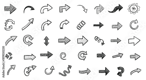 A diverse collection of hand-drawn doodle arrows in various styles and directions, ideal for creative design and user interface elements.