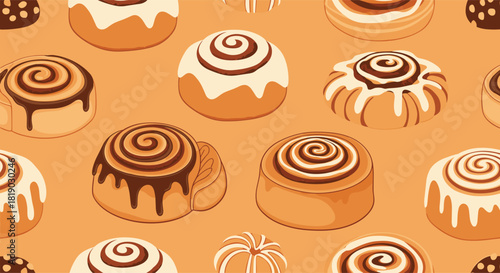 Seamless pattern of delicious, freshly baked cinnamon rolls with various toppings like white icing and chocolate drizzle on a warm orange background.
