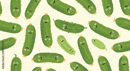 A whimsical and playful seamless pattern featuring various cartoon cucumbers and gherkins with cute, smiling faces scattered across a light background.
