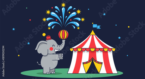 Circus Elephant Balancing Ball with Fireworks and Tent Illustration.