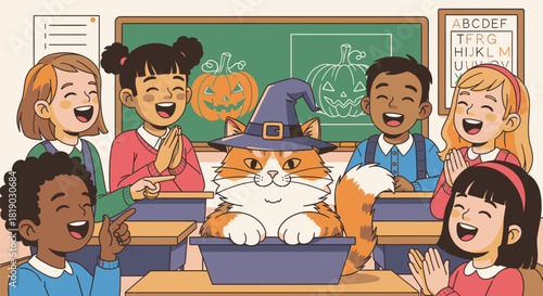Halloween Classroom Scene with Cat and Laughing Children.