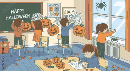 Halloween Classroom Decoration Children Preparing for a Festive Celebration.