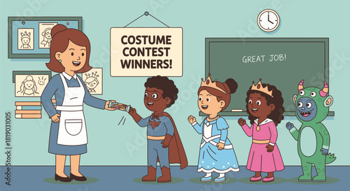 Costume Contest Winners Celebrated by Teacher in Classroom.