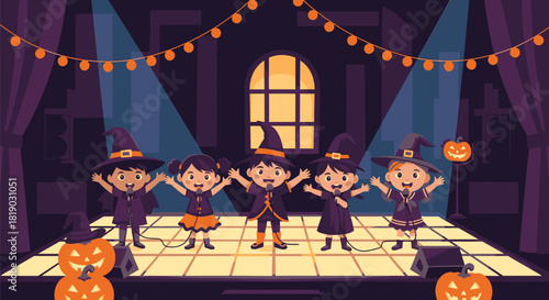 Halloween Stage Performance with Children Dressed as Witches and Pumpkins.