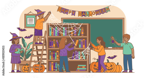 Children Decorating Classroom for Halloween Celebration with Pumpkins and Decorations.