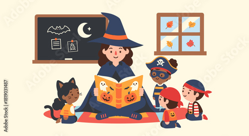 Halloween Story Time Witch Reading to Children in Costume.