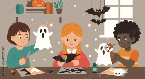 Children crafting Halloween decorations together in a cozy room.