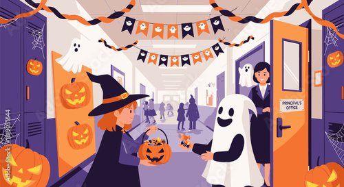 Halloween School Hallway Scene with Children in Costumes.