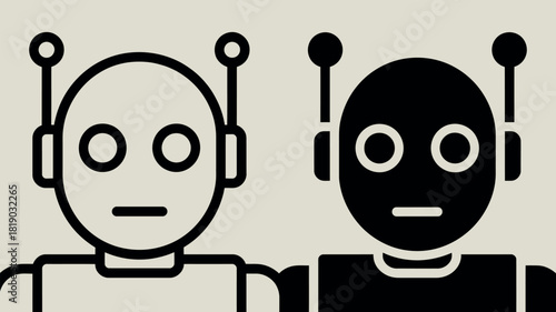 Two stylized robot heads one outlined and one solid black