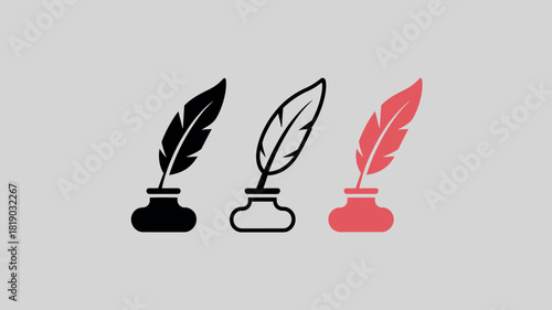 Three stylized quill pens in inkwells in black and red colors
