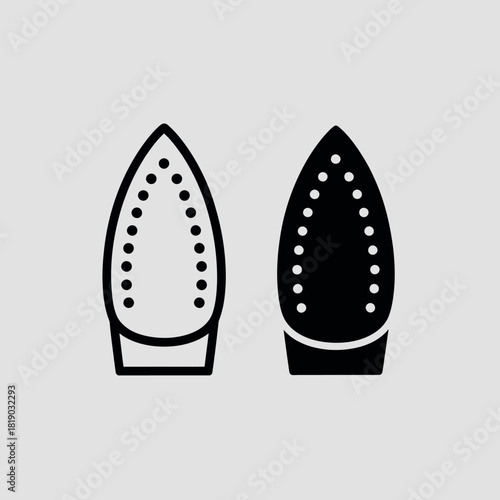 Two stylized icons of an iron soleplate one outlined and one filled