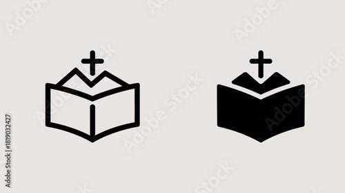 Open bible with cross symbol icon in outline and silhouette