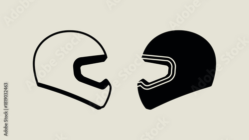 Two stylized racing helmets one white and one black facing each other