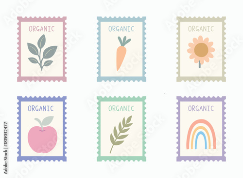 Organic stamp in pastel color vector isolated bundle set. Cute organic label natural clip art for product, icon, sticker, print