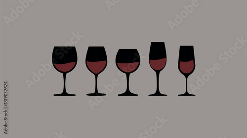 Five wine glasses filled with red wine on a neutral background