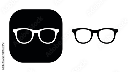 Two pairs of black framed glasses one in a black rounded rectangle