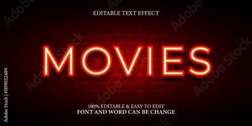 Editable Red Neon Light Text Effect on Dark Brick Wall Background for Movie Sign