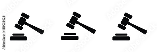 Set of gavel icons including judge gavels in multiple styles, flat icons, and isolated vector illustrations