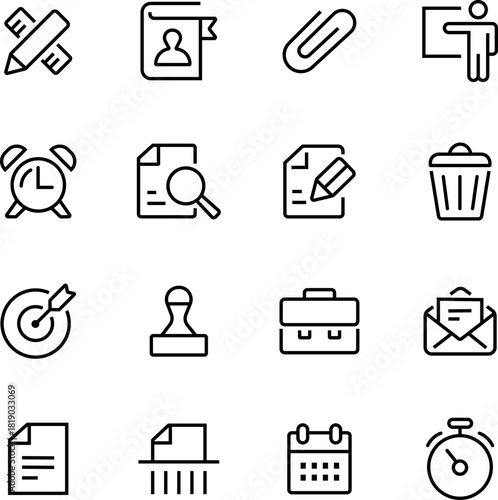 Set Of Office Icons Featuring Documents, Tools, And Everyday Workplace Essentials