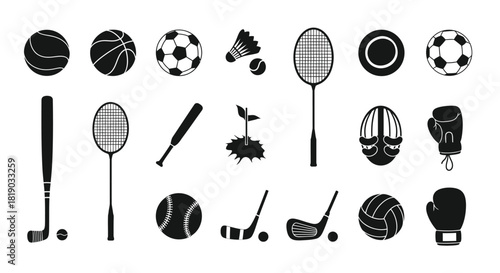 Collection of various sports equipment silhouettes isolated on
