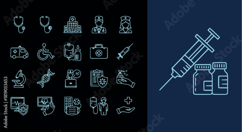 Thin neon outline vector icon set for vaccination, healthcare, and hospital services, featuring symbols for syringe, treatment, and medical diagnosis.