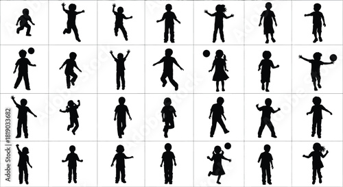 Silhouettes of children playing and posing, isolated on