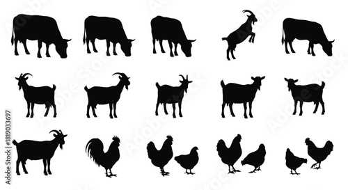 Farm animal silhouettes including cow, goat, and chicken isolated on
