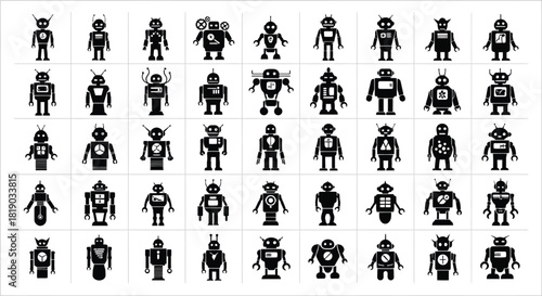 Collection of various black robot icons isolated on