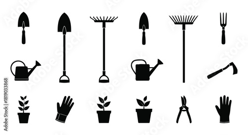 Gardening tools and plant silhouettes collection isolated on
