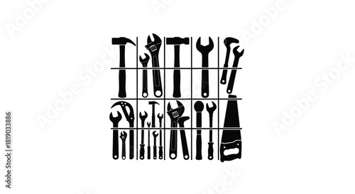 Collection of various hand tools arranged in a grid, isolated on