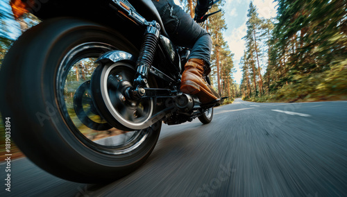 A motorcycle rider cruises down a scenic road surrounded by tall trees, enjoying the freedom of the open road.