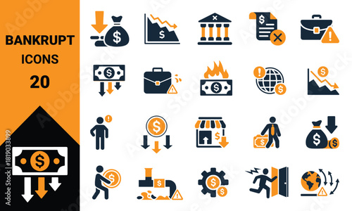 Collection of bankruptcy and financial distress icons in red blue and green representing economic decline debt and business failure