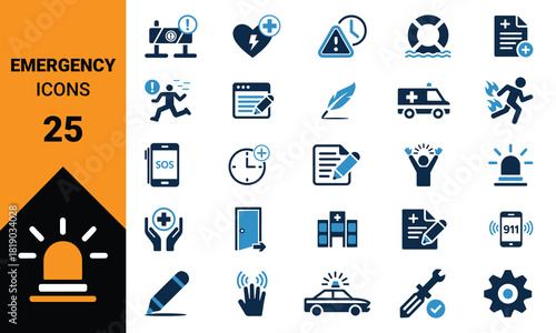 Comprehensive set of emergency and safety icons in various colors and styles suitable for alerts warnings and informational graphics
