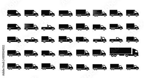 Collection of various truck and delivery vehicle silhouettes isolated on