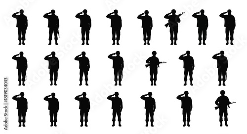 Soldier silhouettes saluting, military personnel, isolated on
