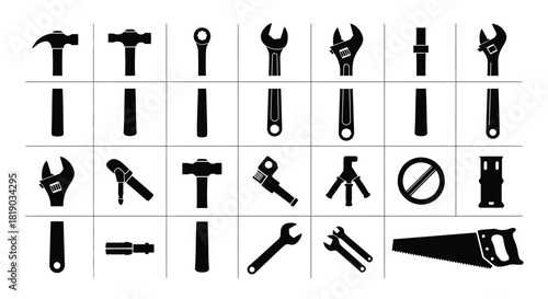 Black silhouette icons of various hand tools isolated on