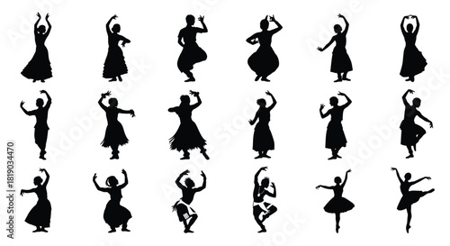 Various dance silhouettes in diverse poses and styles isolated on